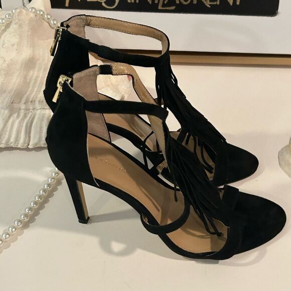 Ann Taylor Black leather fringe heels open toe heels stiletto - Picture 2 of 7